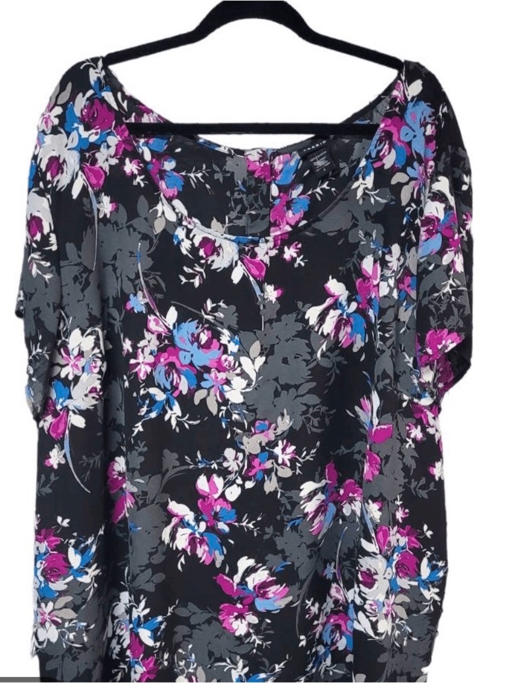 Torrid Size 5 - Black Floral Scoop Neck Blouse with Pink & Blue Flowers